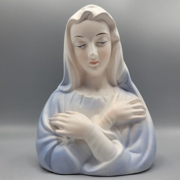 Vintage Enesco Japan Virgin Mary Ceramic Bust Figurine Blue White Religious Deco - Picture 1 of 14